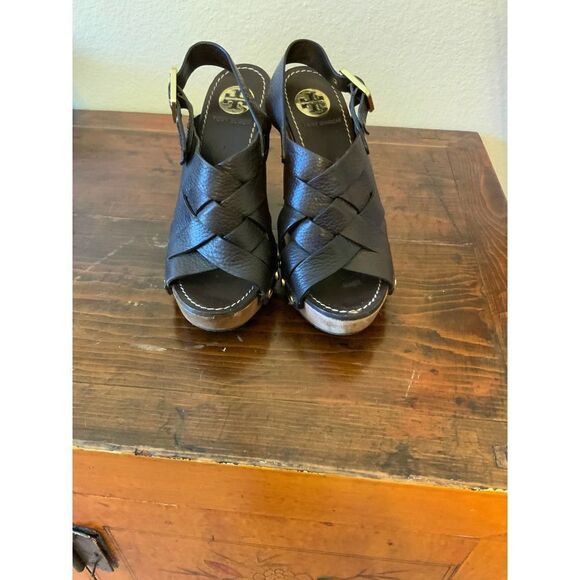 TORY BURCH Jodie Brown Leather Wooden Heels 7.5M - Picture 6 of 13